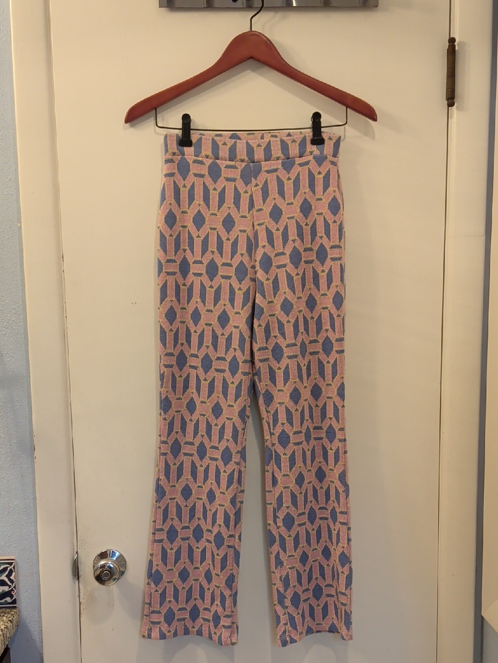 Zara Pastel Pink Knit Flares with Blue and Yellow Geometric Motif